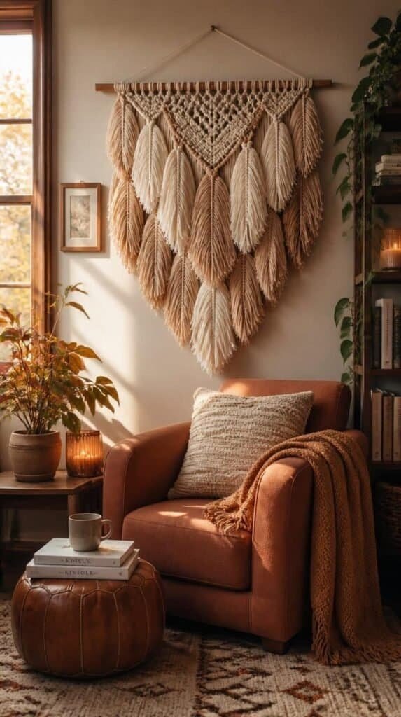 Long layered feather-like fringe macrame wall hanging above a cozy armchair