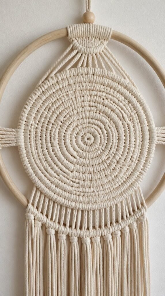 Modern woven circle hoop macrame wall hanging with a simple woven center