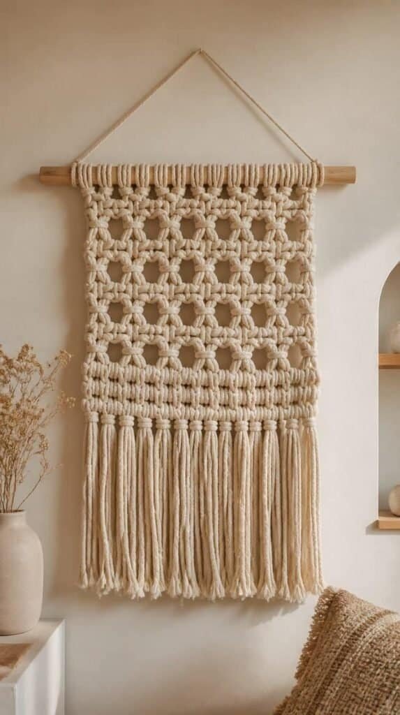 Bold chunky cotton rope macrame wall tapestry with a loose weave pattern