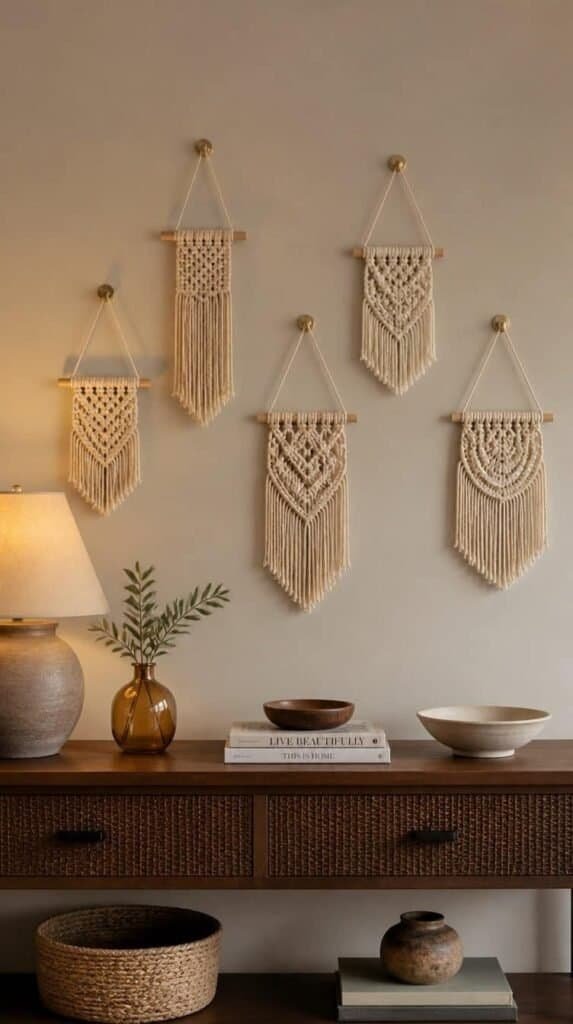 Gallery wall of five small mini macrame wall hangings at varying heights