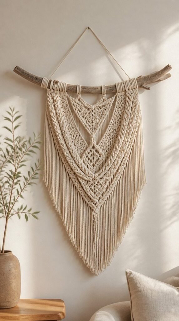 Macrame wall hanging woven onto a natural driftwood branch instead of a dowel