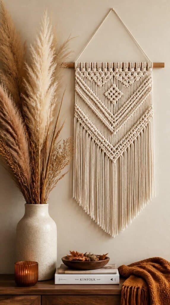 Simple macrame wall panel paired with dried pampas grass stems in a ceramic vase