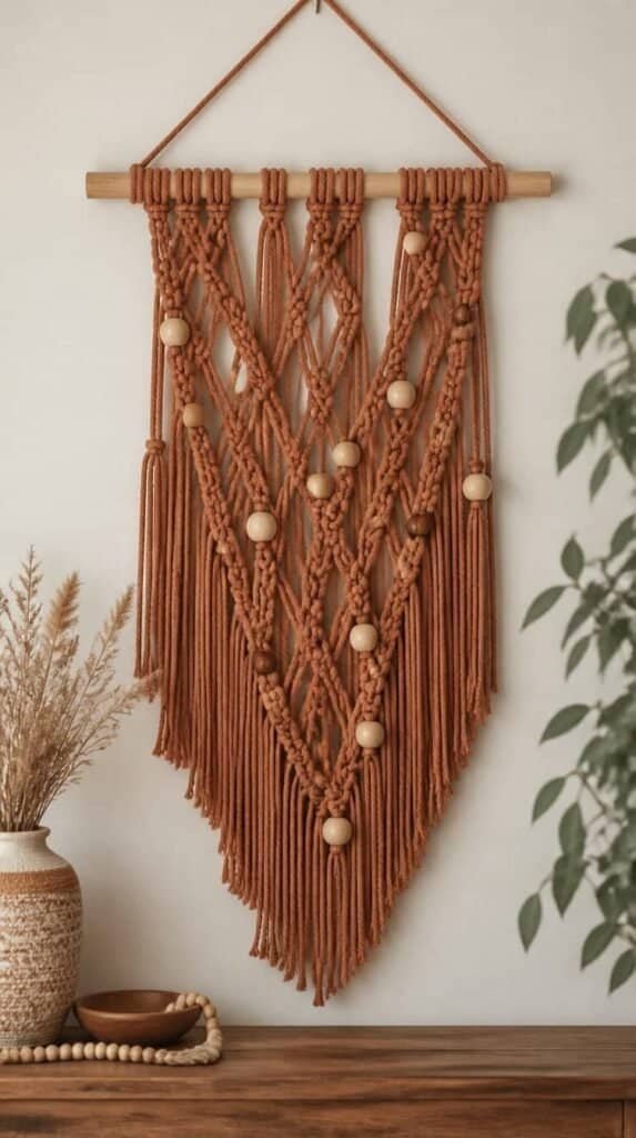 Warm terracotta and wood bead macrame wall hanging with beads woven through the pattern