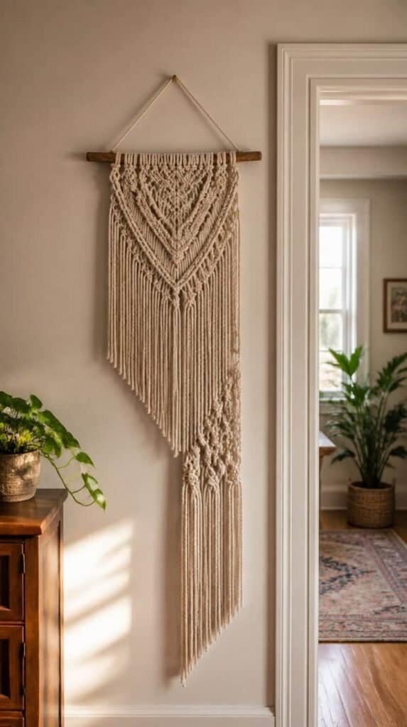 Asymmetrical macrame wall hanging with one side of longer fringe mounted beside a doorway