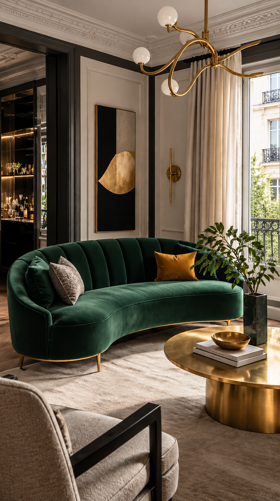 Curved emerald velvet sofa neodeco living room