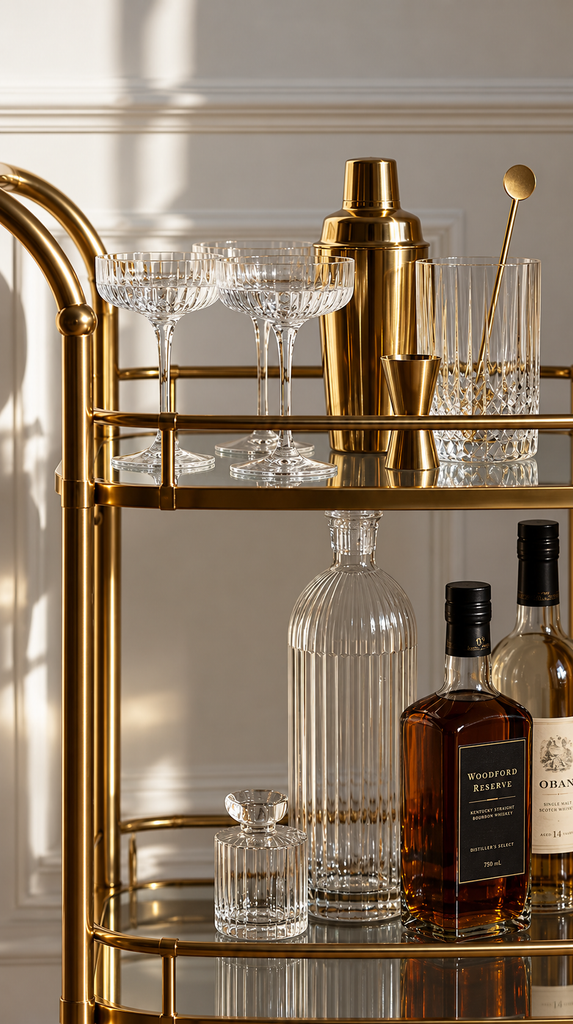 Gold bar cart with fluted crystal glasses