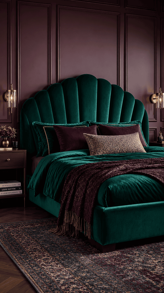Scalloped fan shaped velvet headboard bedroom