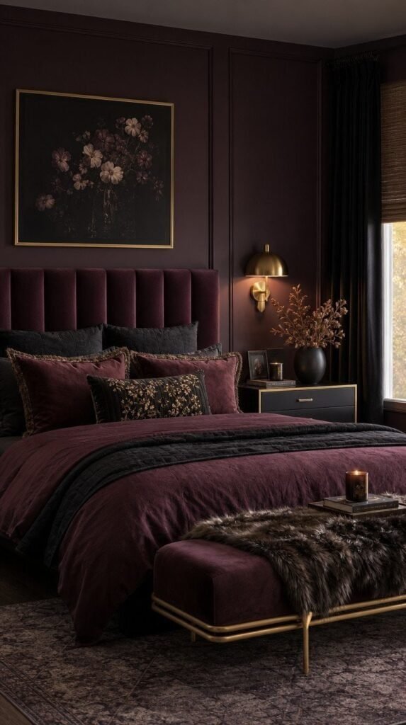 Fully styled moody plum noir bedroom with velvet headboard and dried florals