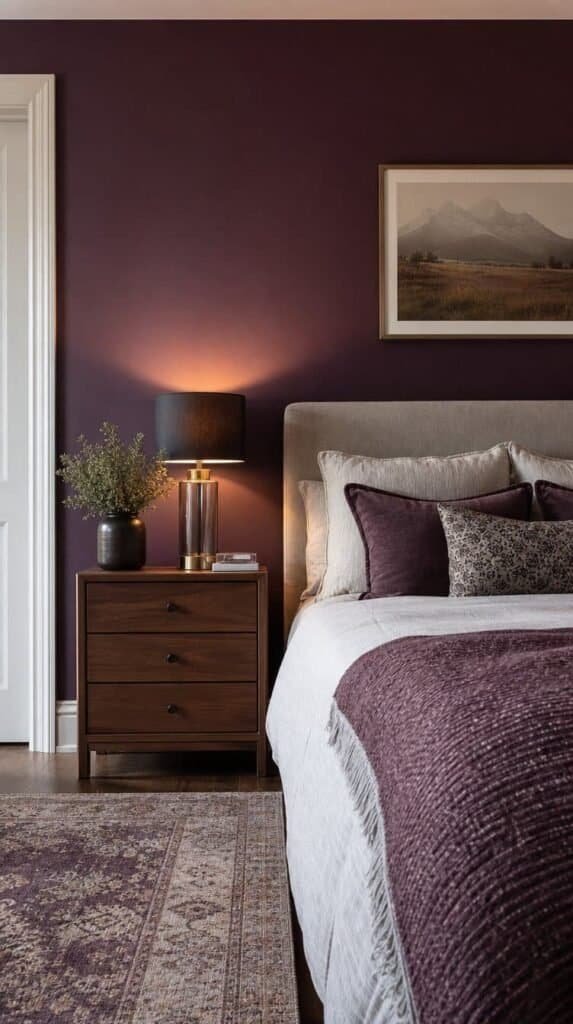 Deep plum accent wall behind a bed with warm lamp light