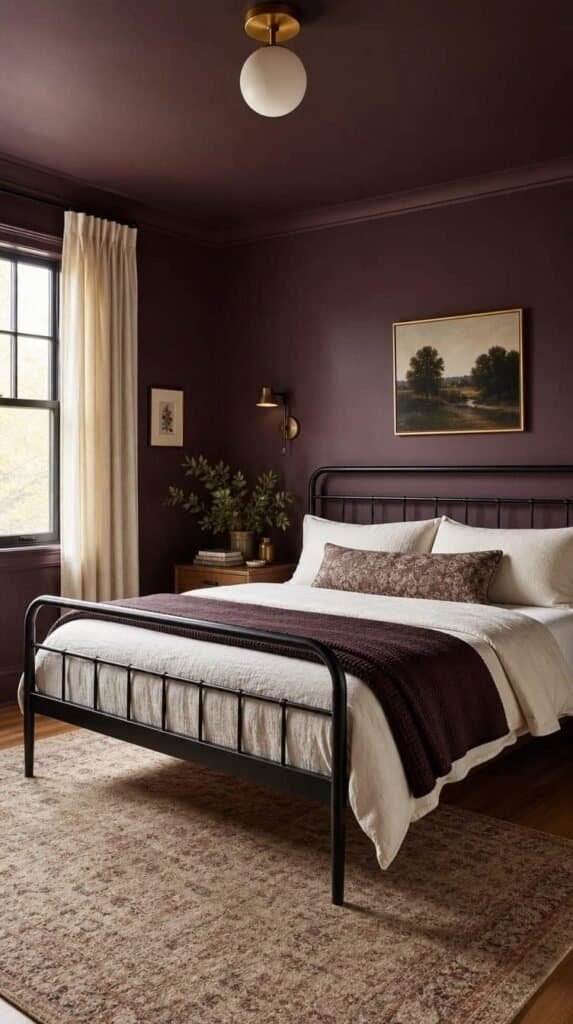 Matte black metal bed frame with thin silhouette in a plum toned bedroom