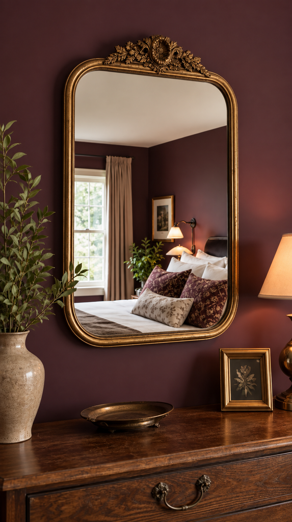 Antique brass framed mirror hanging on a deep plum wall above a dresser