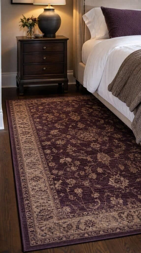 Deep plum patterned area rug on a dark wood floor beside a bed