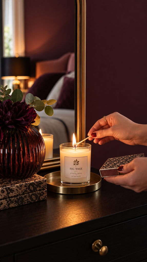 Hands lighting a candle on a styled vanity table in a moody plum bedroom