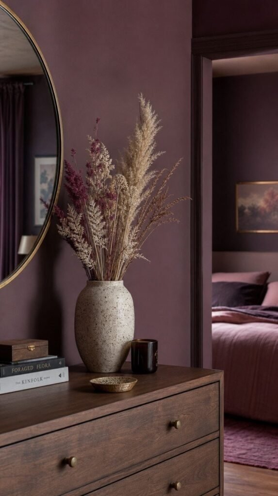 Dried floral arrangement in a ceramic vase styled on a dresser in a moody plum bedroom