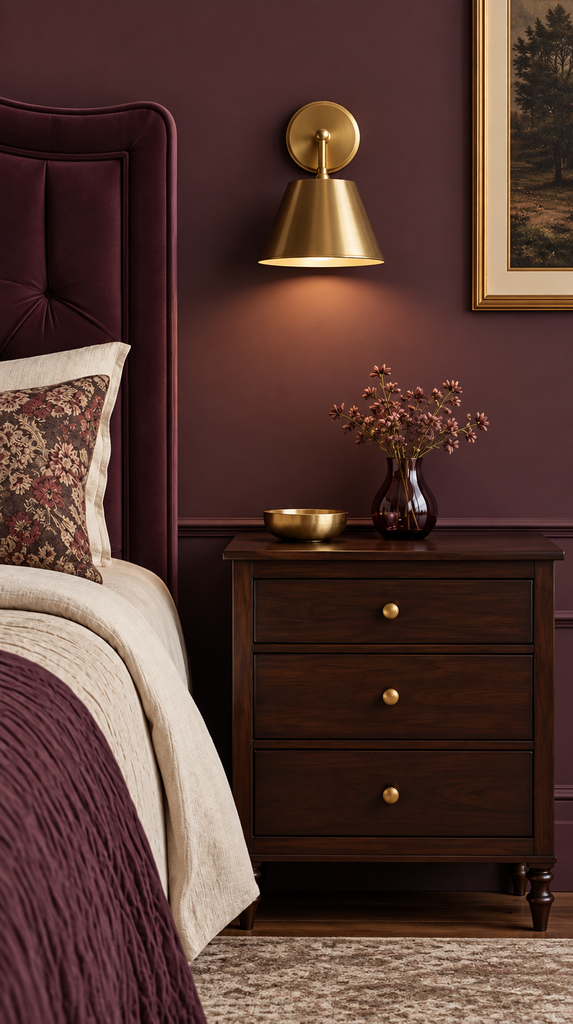 Brass wall sconce mounted above a dark wood nightstand in a moody bedroom