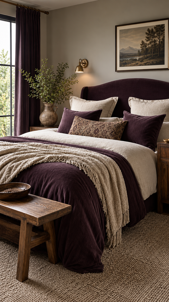 Bed layered with plum velvet and cream linen bedding and textured throw pillows