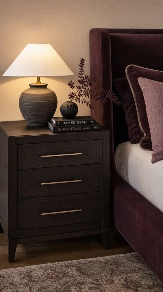 Dark wood nightstand styled with a small lamp and ceramic vase beside a plum velvet bed