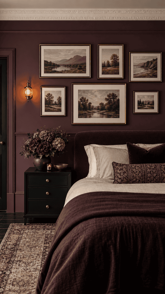 Moody gallery wall with dark framed art in a plum bedroom