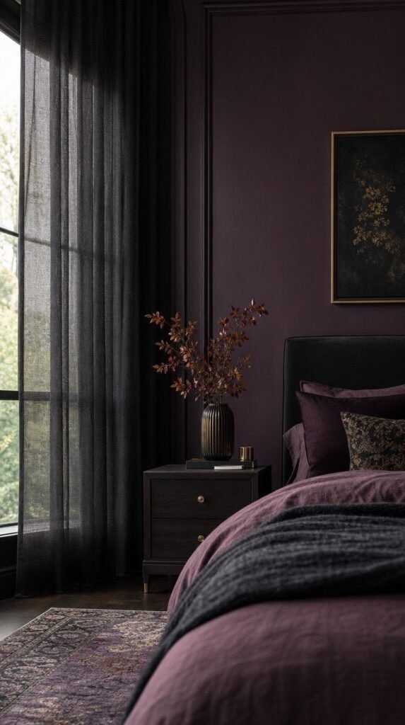 Sheer black curtains filtering soft daylight in a moody plum bedroom