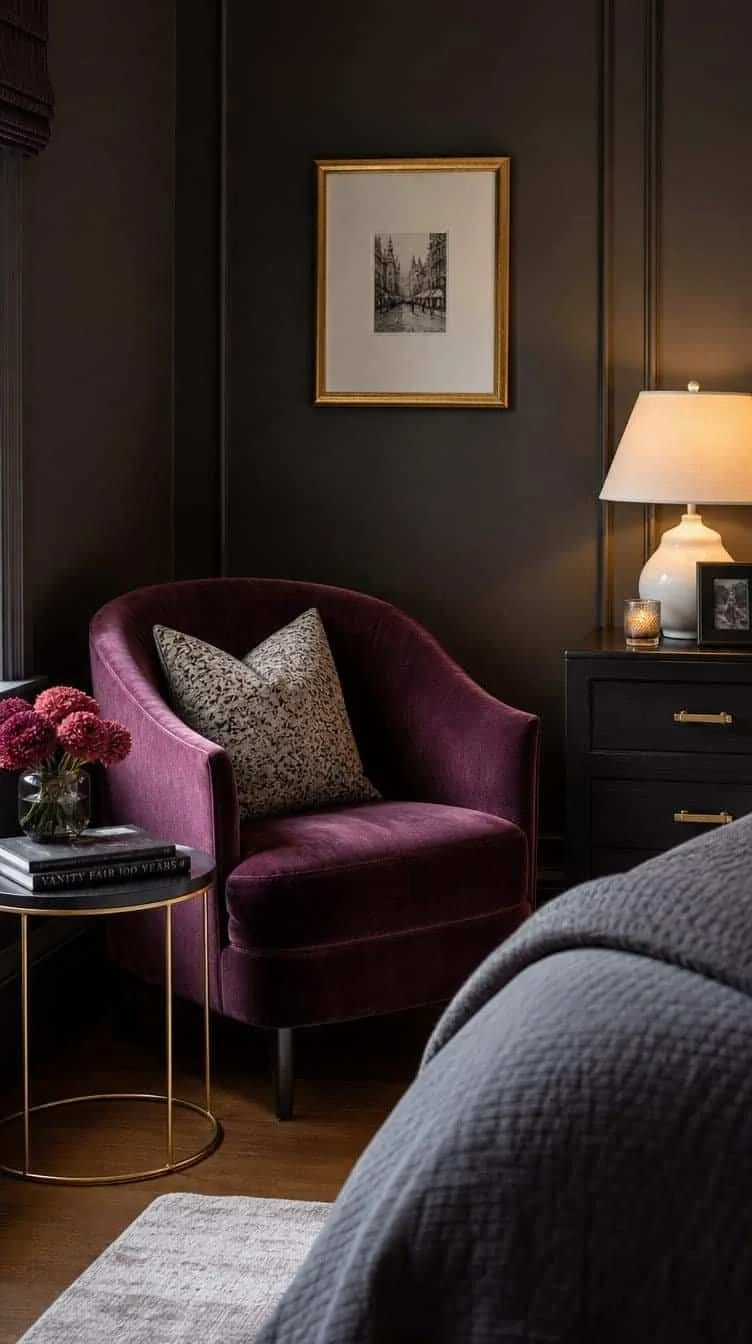 Plum velvet accent chair styled in the corner of a moody bedroom