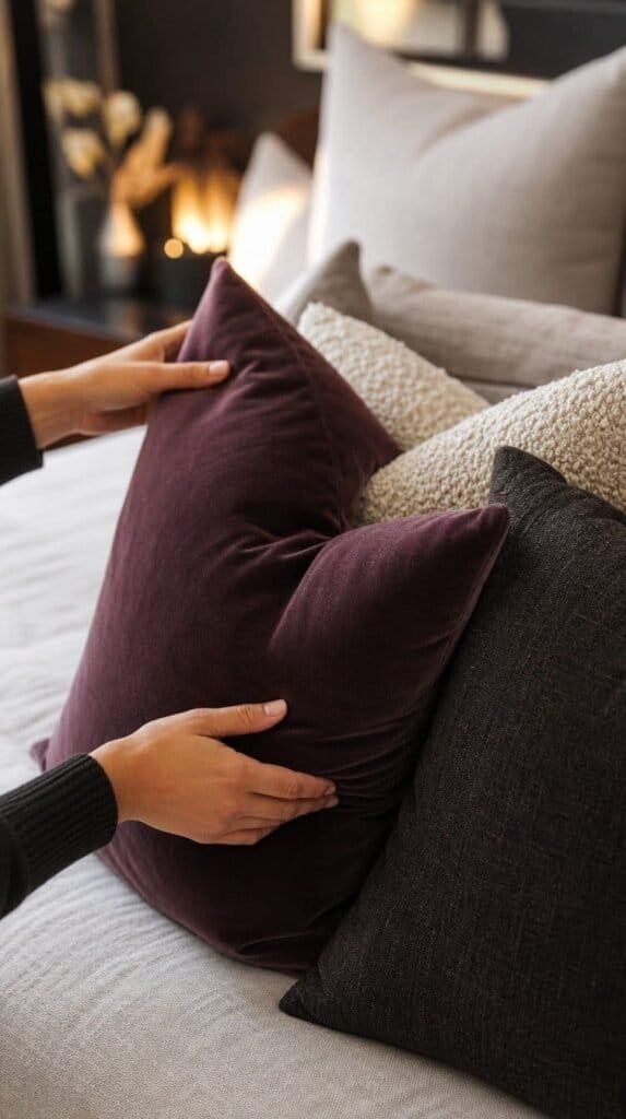 Hands fluffing a textured mix of plum velvet cream and charcoal throw pillows on a bed