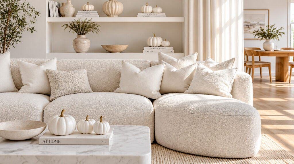 All white minimalist fall living room with cream sofa and white ceramic pumpkins