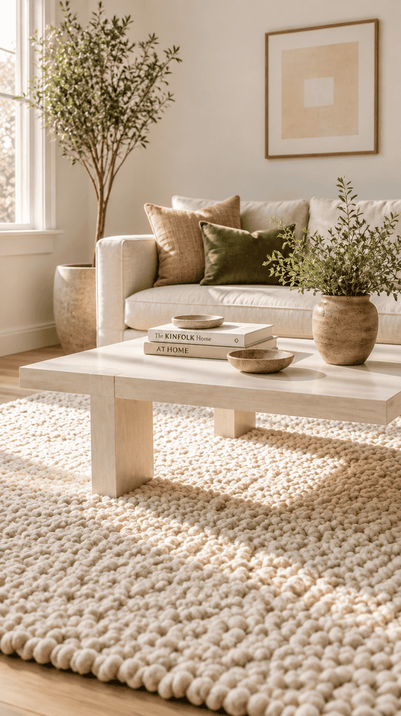 Cream chunky wool area rug styled under a white coffee table