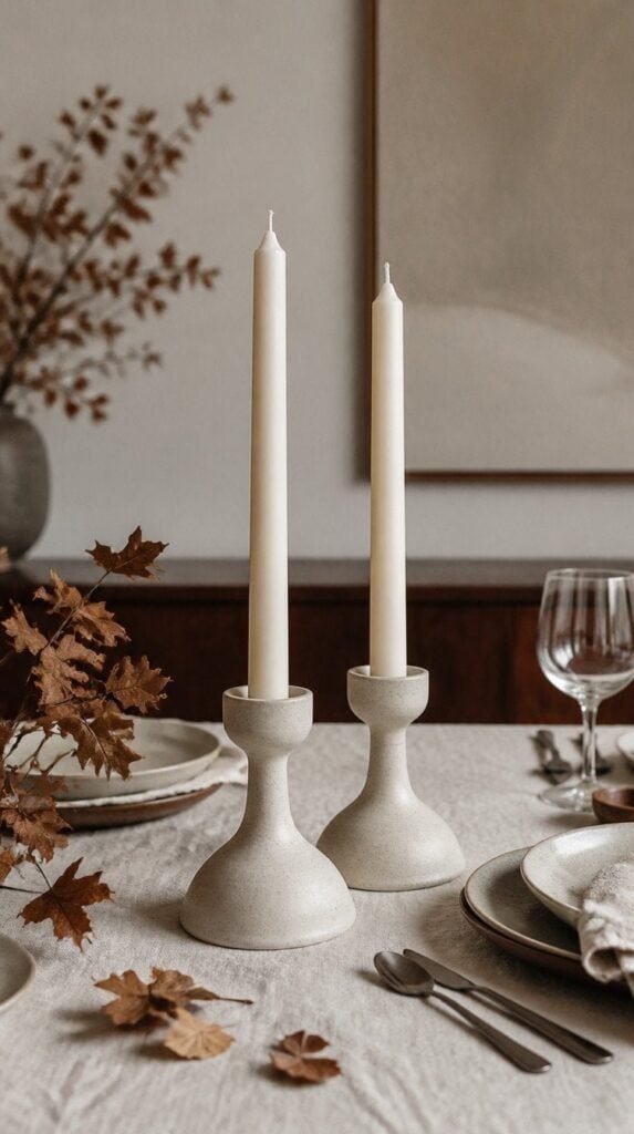 Pair of ivory taper candles in ceramic holders styled on a dining table