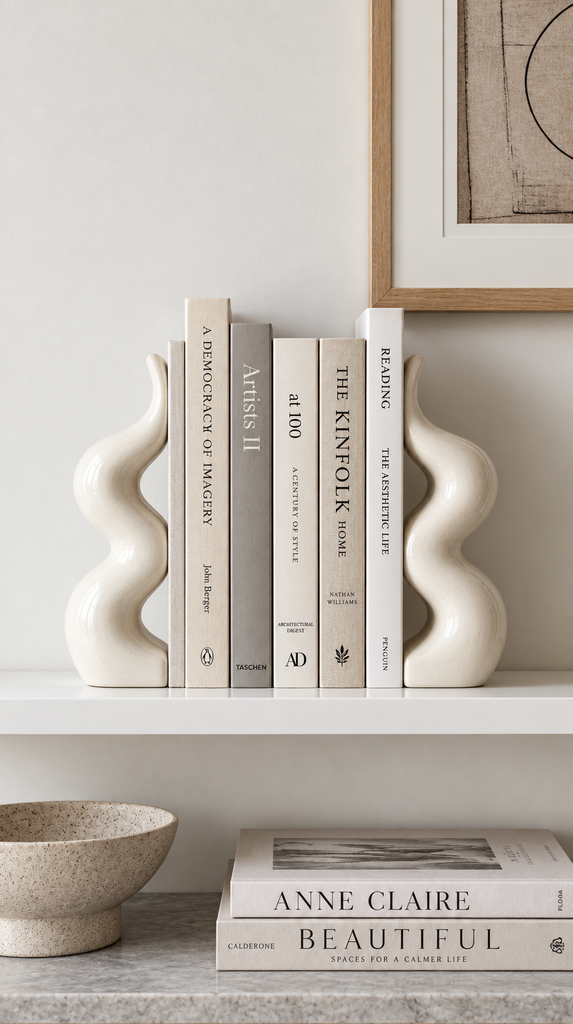 White ceramic bookends styled on a shelf with neutral toned books