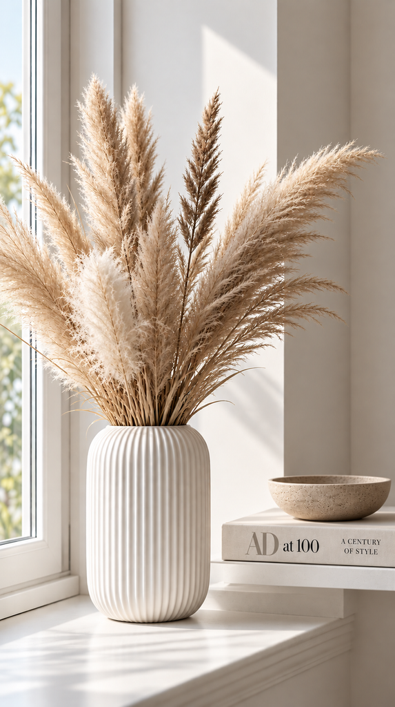 White ceramic bookends styled on a shelf with neutral toned books