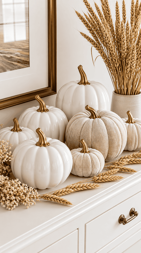 Cluster of white ceramic pumpkins styled on a console table with dried wheat stems.