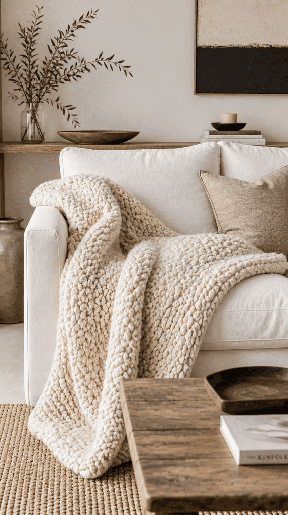 Cream chunky knit throw blanket layered over a white linen sofa