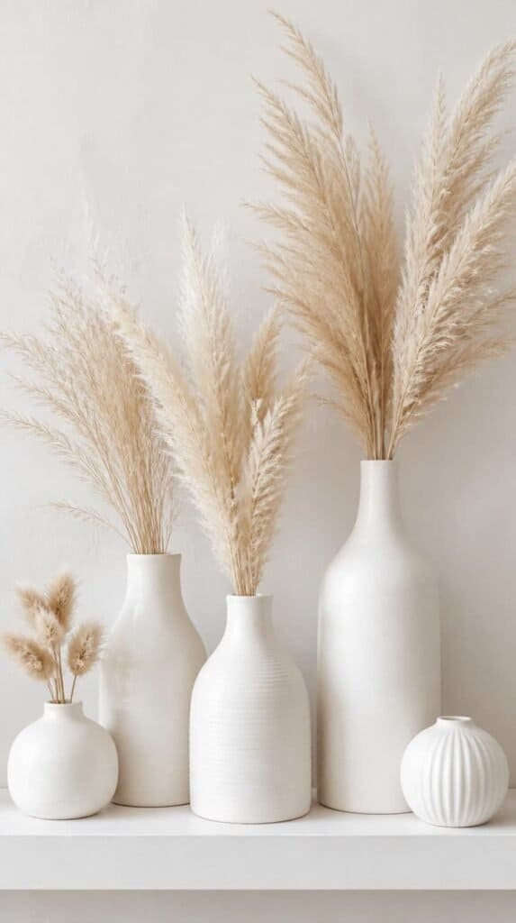 Collection of white ceramic vases in varying heights styled on a shelf with dried pampas grass