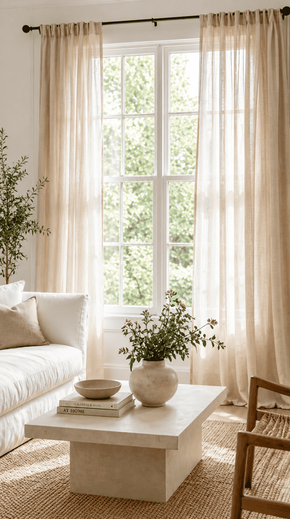 Ivory linen curtains framing a bright window in a minimalist living room