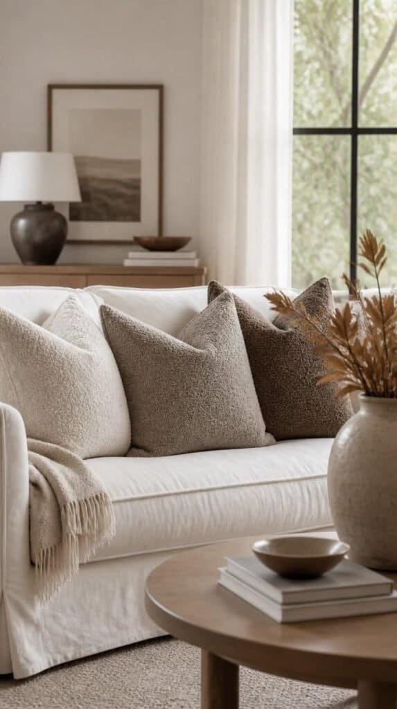 Neutral boucle throw pillows styled on a white linen sofa