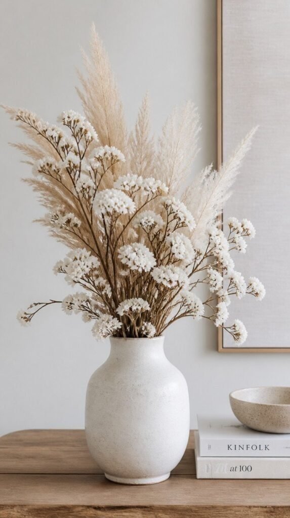 Dried white statice and pampas grass bouquet in a white ceramic vase