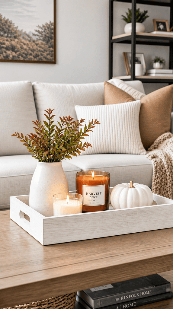 White wood tray styled with candles and a small white pumpkin on a coffee table