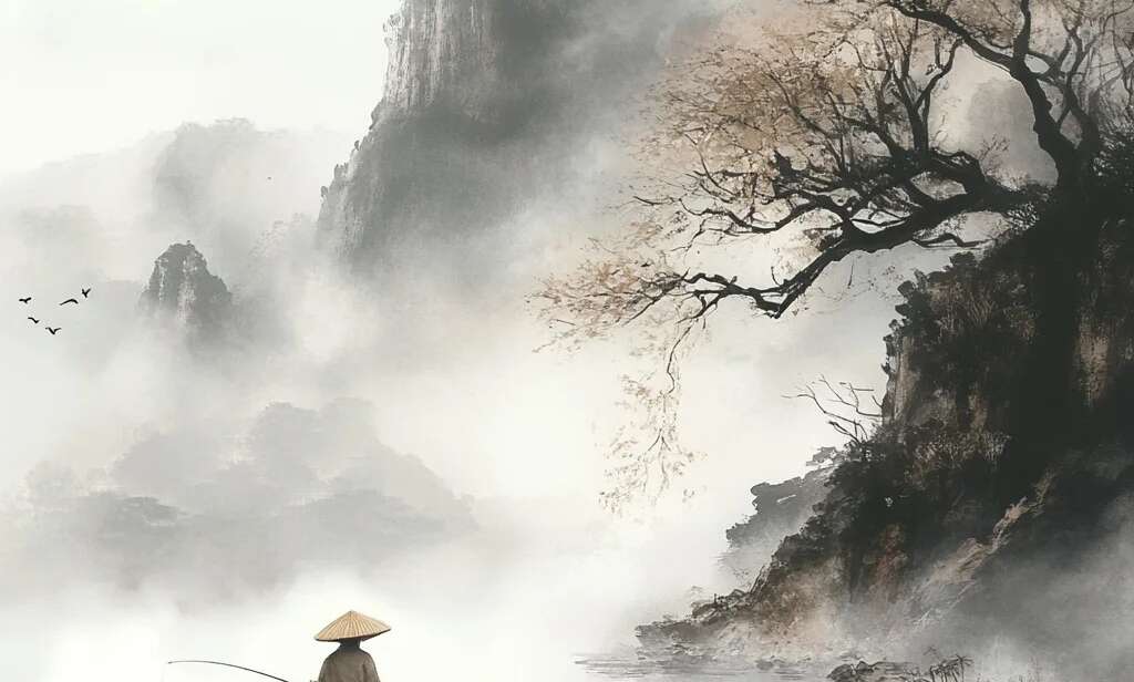 A traditional Chinese ink painting depicting Ueng (翁), symbolized by an old fisherman in a bamboo hat and raincoat (蓑笠翁), fishing on a serene river surrounded by misty mountains.