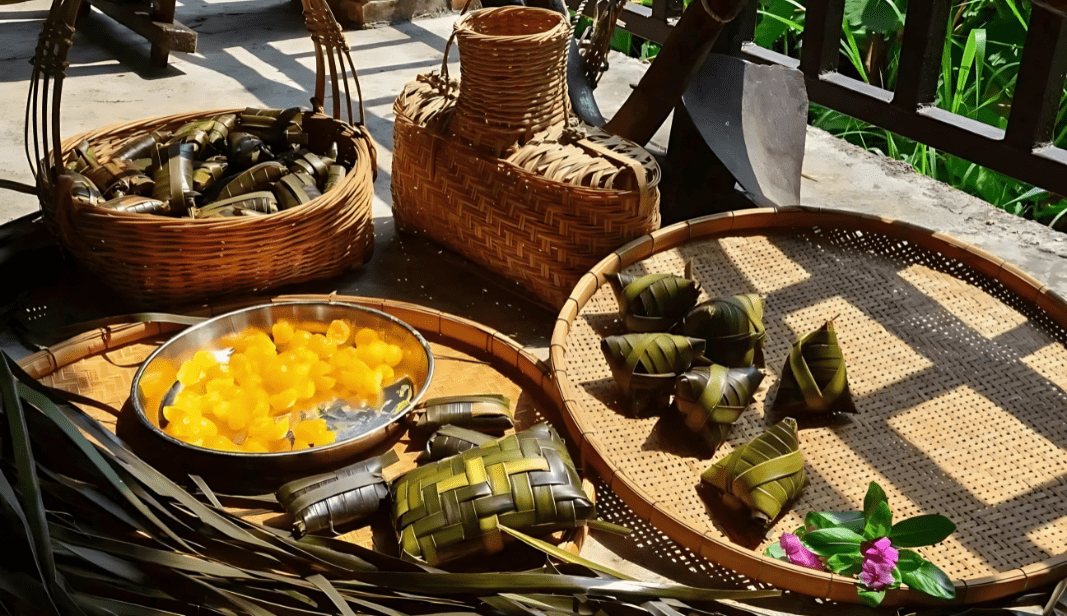 Traditional Enping specialty zongzi displayed in woven baskets and bamboo trays