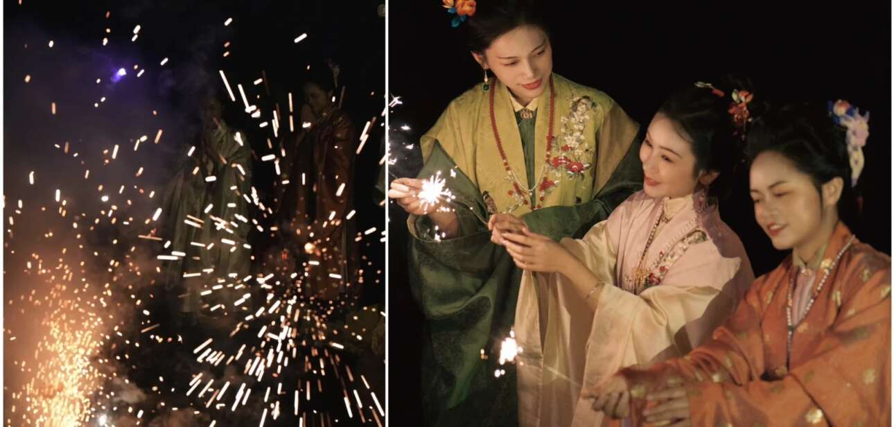 Women wearing traditional Han Chinese garments celebrating Lunar New Year with sparklers, showcasing the beauty of Chinese New Year clothes.