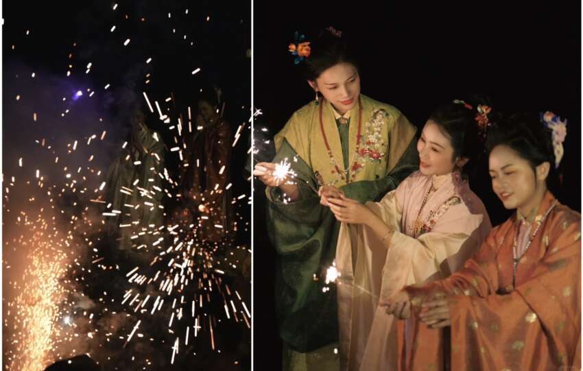 Women wearing traditional Han Chinese garments celebrating Lunar New Year with sparklers, showcasing the beauty of Chinese New Year clothes.