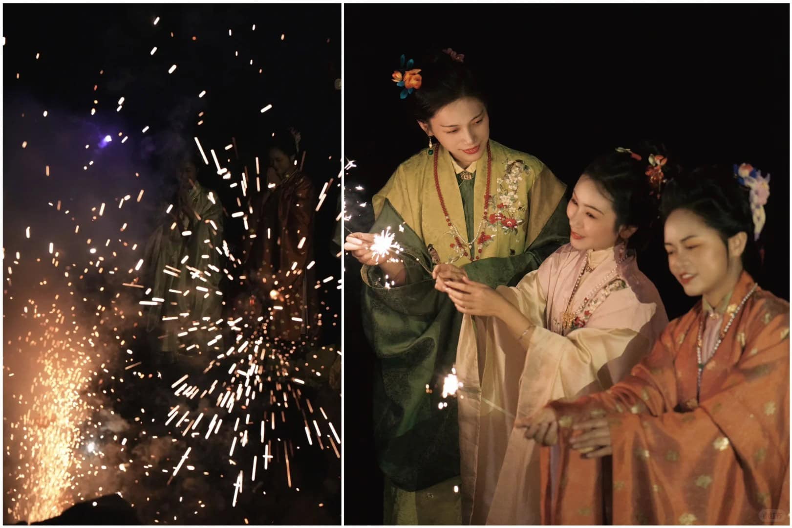 Women wearing traditional Han Chinese garments celebrating Lunar New Year with sparklers, showcasing the beauty of Chinese New Year clothes.