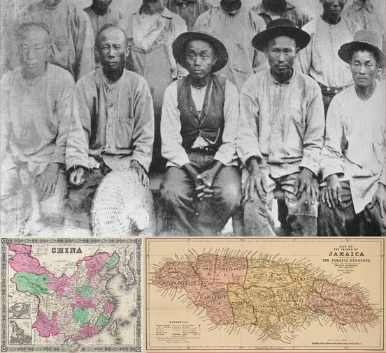 Historic black-and-white image of early Chinese Jamaican immigrants seated together, flanked by vintage maps of China and Jamaica.