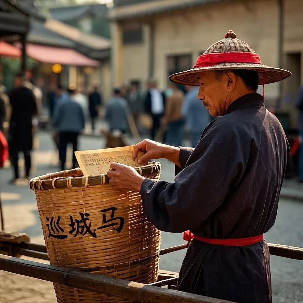 A traditional Chinese patrol messenger (巡城马) in historical attire, placing a document into a bamboo basket in an old Chinese street.