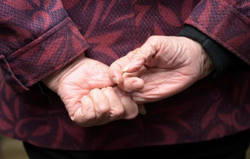 Close-up of an elderly person's hands clasped behind their back, symbolizing remembrance and legacy during Qingming.