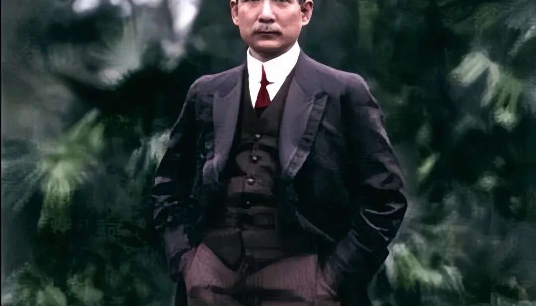 Sun Yat-Sen in a Western suit, standing outdoors, inspired by the Taiping Rebellion’s revolutionary ideals."