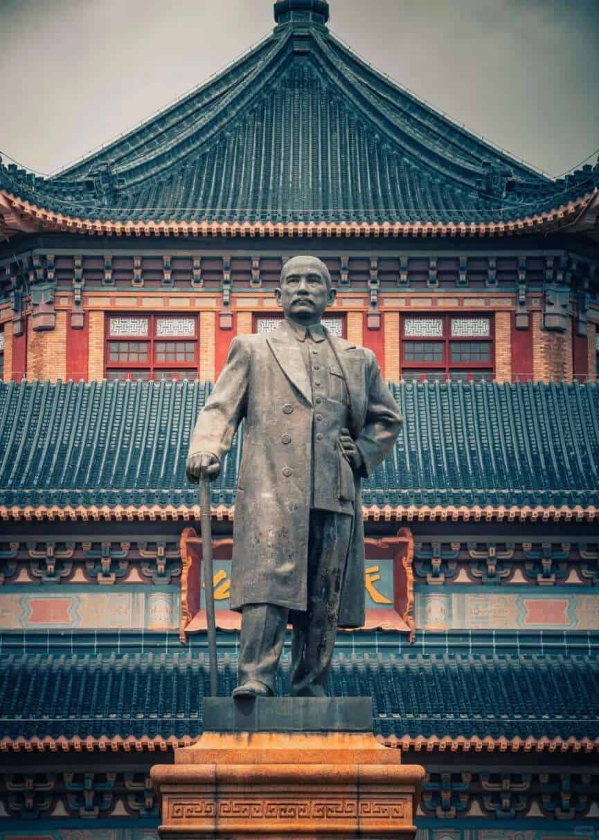 Bronze statue of Dr. Sun Yat-Sen, founding father of the Republic of China, displayed at a museum exhibit in Wuyi region