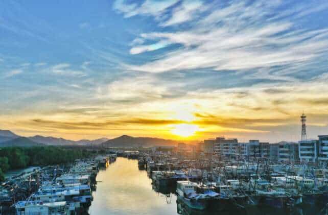 Fishing harbor at sunset in Taishan, Wuyi coast