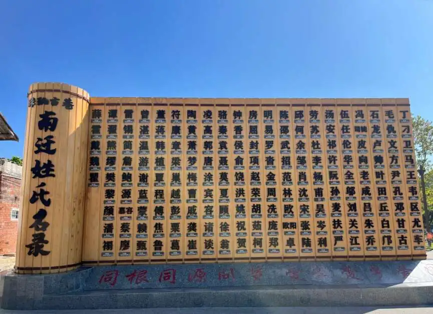 Wall in Zhuji Lane displaying Chinese surnames representing ancestral roots of the Wuyi region.