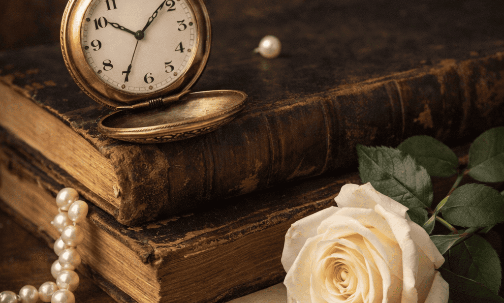 A vintage pocket watch resting on old books beside a white rose, pearl necklace, and antique sheet music in a warm nostalgic scene.